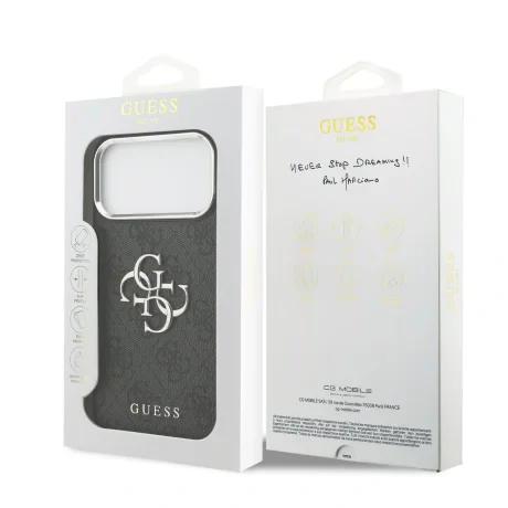 Husa spate Guess PU 4G cu logo metalic pentru iPhone 17 Pro Max, argintiu și negru