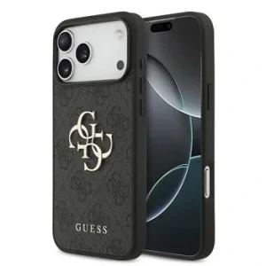 Husă spate Guess PU 4G cu logo metalic pentru iPhone 17 Pro Max, gri