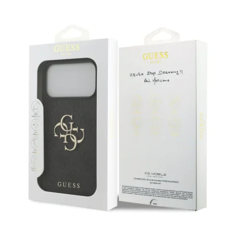 Husă spate Guess PU 4G cu logo metalic pentru iPhone 17 Pro Max, gri