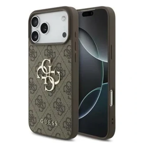 Husă spate Guess PU 4G cu logo metalic pentru iPhone 17 Pro Max, maro