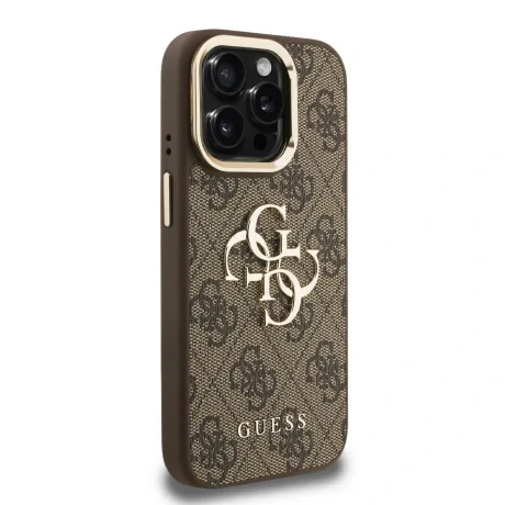 Husă spate Guess PU 4G cu logo metalic și cadru pentru cameră, maro, pentru iPhone 15 Pro