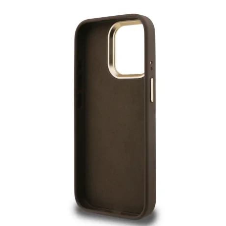 Husă spate Guess PU 4G cu logo metalic și cadru pentru cameră, maro, pentru iPhone 15 Pro