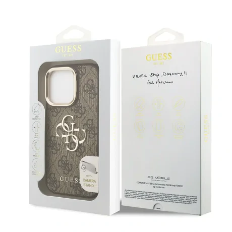 Husă spate Guess PU 4G cu logo metalic și cadru pentru cameră, maro, pentru iPhone 15 Pro Max