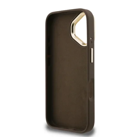 Husa spate Guess PU 4G cu logo metalic și cadru pentru cameră, maro, pentru iPhone 16
