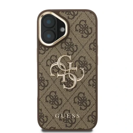 Husa spate Guess PU 4G cu logo metalic și cadru pentru cameră, maro, pentru iPhone 16