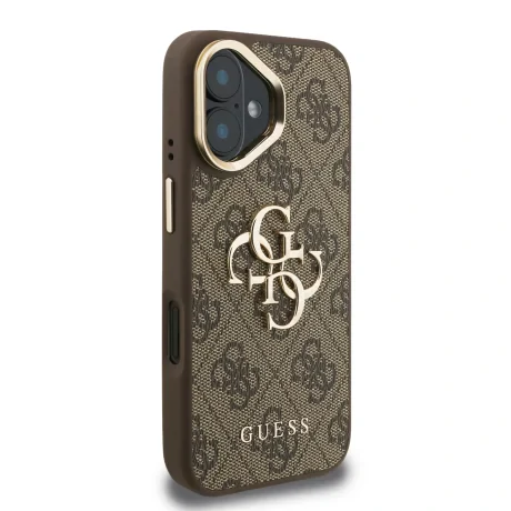 Husa spate Guess PU 4G cu logo metalic și cadru pentru cameră, maro, pentru iPhone 16