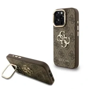 Husă spate Guess PU 4G cu logo metalic și cadru pentru cameră, maro, pentru iPhone 16 Pro