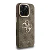 Husă spate Guess PU 4G cu logo metalic și cadru pentru cameră, maro, pentru iPhone 16 Pro