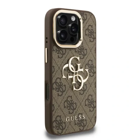 Husă spate Guess PU 4G cu logo metalic și cadru pentru cameră, maro, pentru iPhone 16 Pro