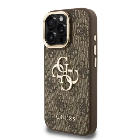 Husă spate Guess PU 4G cu logo metalic și cadru pentru cameră, maro, pentru iPhone 16 Pro