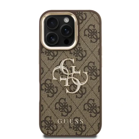 Husă spate Guess PU 4G cu logo metalic și cadru pentru cameră, maro, pentru iPhone 16 Pro