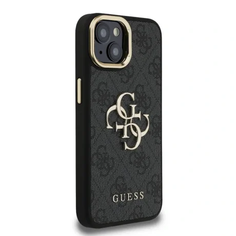 Husă spate Guess PU 4G cu logo metalic și cadru pentru cameră, pentru iPhone 13, neagră