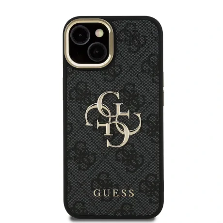 Husă spate Guess PU 4G cu logo metalic și cadru pentru cameră, pentru iPhone 13, neagră