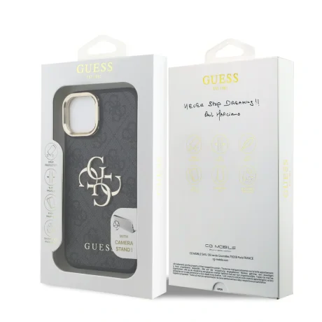 Husă spate Guess PU 4G cu logo metalic și cadru pentru cameră, pentru iPhone 13, neagră