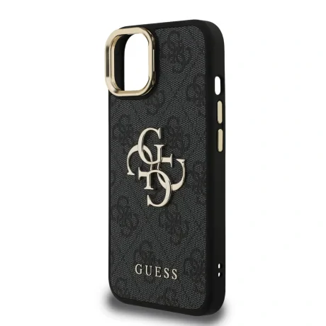 Husă spate Guess PU 4G cu logo metalic și cadru pentru cameră, pentru iPhone 13, neagră