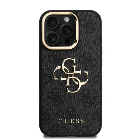 Husă spate Guess PU 4G cu logo metalic și cadru pentru cameră, pentru iPhone 15 Pro, neagră