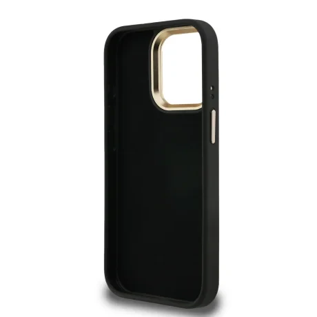 Husă spate Guess PU 4G cu logo metalic și cadru pentru cameră, pentru iPhone 15 Pro, neagră
