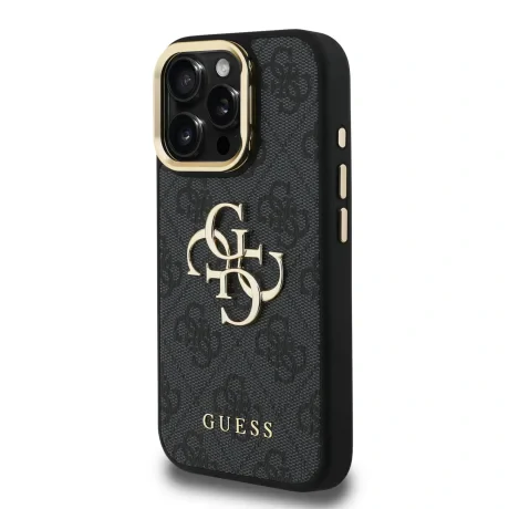 Husă spate Guess PU 4G cu logo metalic și cadru pentru cameră, pentru iPhone 15 Pro, neagră