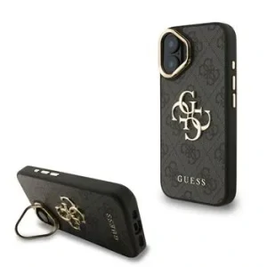Husă spate Guess PU 4G cu logo metalic și cadru pentru cameră, pentru iPhone 16, neagră