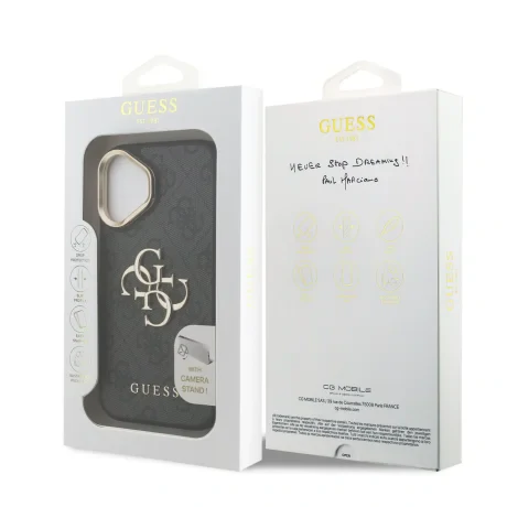 Husă spate Guess PU 4G cu logo metalic și cadru pentru cameră, pentru iPhone 16, neagră