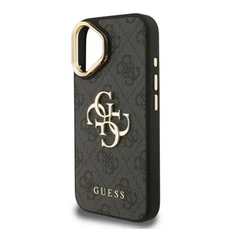 Husă spate Guess PU 4G cu logo metalic și cadru pentru cameră, pentru iPhone 16, neagră