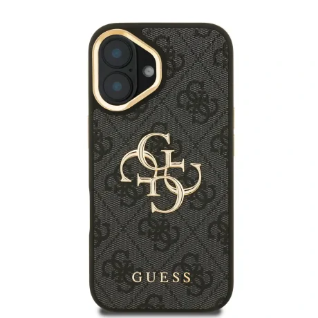 Husă spate Guess PU 4G cu logo metalic și cadru pentru cameră, pentru iPhone 16, neagră