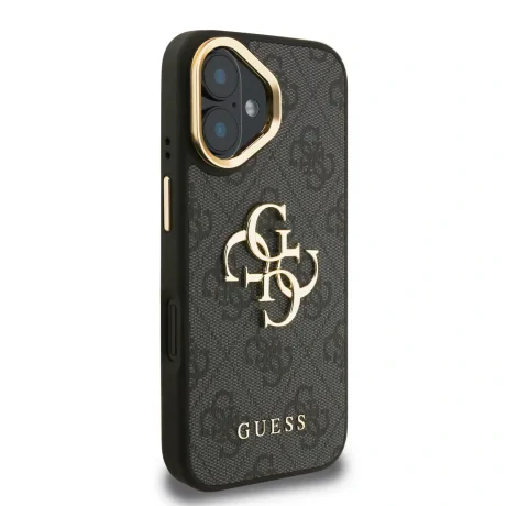 Husă spate Guess PU 4G cu logo metalic și cadru pentru cameră, pentru iPhone 16, neagră