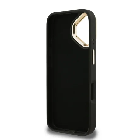 Husă spate Guess PU 4G cu logo metalic și cadru pentru cameră, pentru iPhone 16, neagră