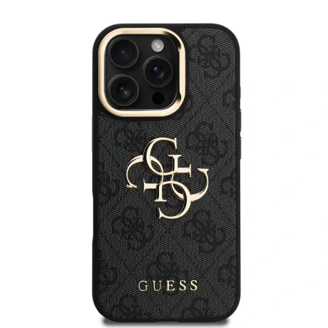 Husă spate Guess PU 4G cu logo metalic și cadru pentru cameră, pentru iPhone 16 Pro, neagră