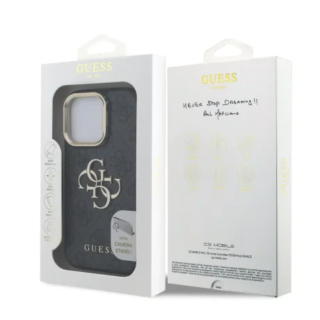 Husă spate Guess PU 4G cu logo metalic și cadru pentru cameră, pentru iPhone 16 Pro, neagră