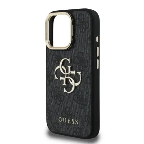 Husă spate Guess PU 4G cu logo metalic și cadru pentru cameră, pentru iPhone 16 Pro, neagră