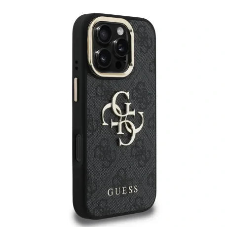 Husă spate Guess PU 4G cu logo metalic și cadru pentru cameră, pentru iPhone 16 Pro, neagră