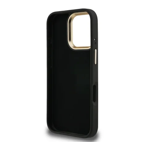 Husă spate Guess PU 4G cu logo metalic și cadru pentru cameră, pentru iPhone 16 Pro, neagră