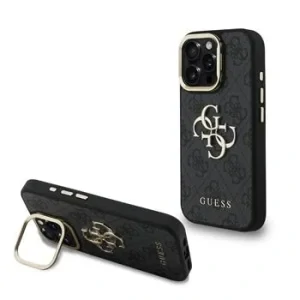 Husă spate Guess PU 4G cu logo metalic și cadru pentru cameră, pentru iPhone 16 Pro, neagră