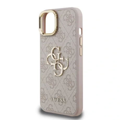 Husă spate Guess PU 4G cu logo metalic și cadru pentru cameră, roz, pentru iPhone 15