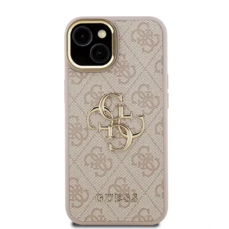Husă spate Guess PU 4G cu logo metalic și cadru pentru cameră, roz, pentru iPhone 15
