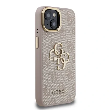 Husă spate Guess PU 4G cu logo metalic și cadru pentru cameră, roz, pentru iPhone 15