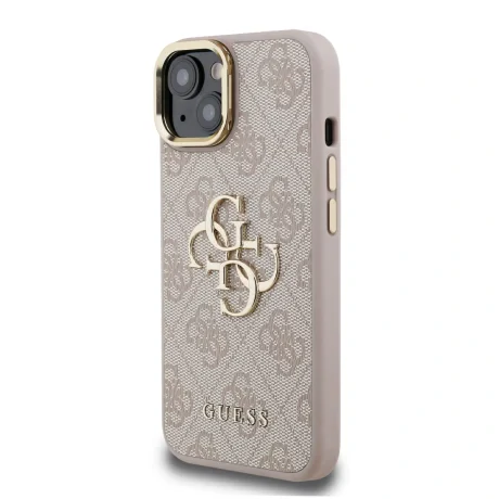Husă spate Guess PU 4G cu logo metalic și cadru pentru cameră, roz, pentru iPhone 15