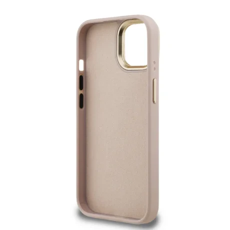 Husă spate Guess PU 4G cu logo metalic și cadru pentru cameră, roz, pentru iPhone 15
