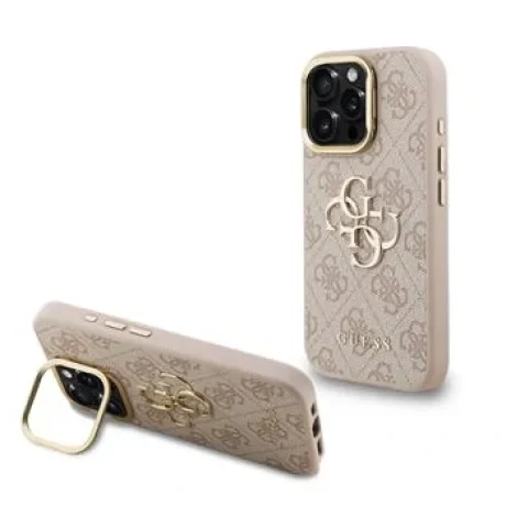 Husă spate Guess PU 4G cu logo metalic și cadru pentru cameră, roz, pentru iPhone 15 Pro