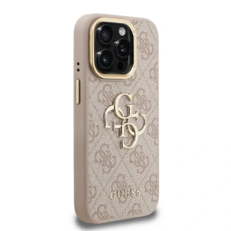 Husă spate Guess PU 4G cu logo metalic și cadru pentru cameră, roz, pentru iPhone 15 Pro