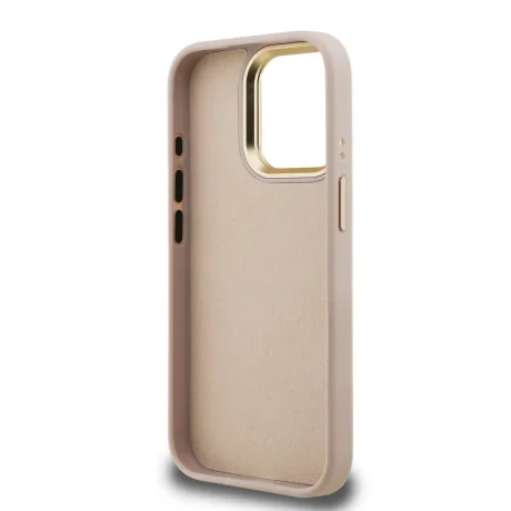 Husă spate Guess PU 4G cu logo metalic și cadru pentru cameră, roz, pentru iPhone 15 Pro
