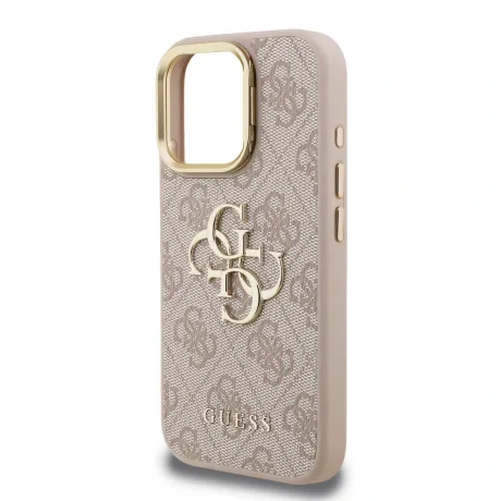 Husă spate Guess PU 4G cu logo metalic și cadru pentru cameră, roz, pentru iPhone 15 Pro Max