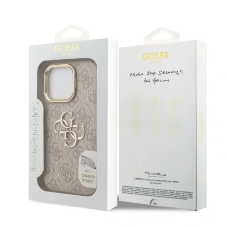 Husă spate Guess PU 4G cu logo metalic și cadru pentru cameră, roz, pentru iPhone 15 Pro Max