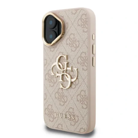 Husă spate Guess PU 4G cu logo metalic și cadru pentru cameră, roz, pentru iPhone 16