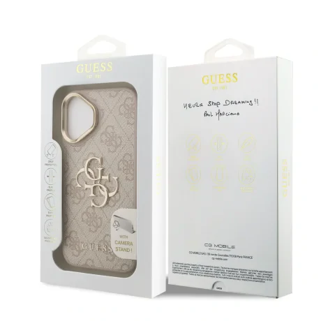Husă spate Guess PU 4G cu logo metalic și cadru pentru cameră, roz, pentru iPhone 16