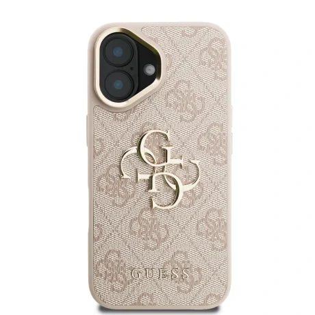 Husă spate Guess PU 4G cu logo metalic și cadru pentru cameră, roz, pentru iPhone 16