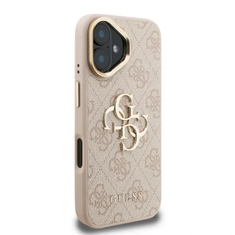 Husă spate Guess PU 4G cu logo metalic și cadru pentru cameră, roz, pentru iPhone 16