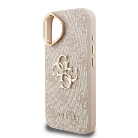Husă spate Guess PU 4G cu logo metalic și cadru pentru cameră, roz, pentru iPhone 16
