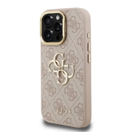 Husă spate Guess PU 4G cu logo metalic și cadru pentru cameră, roz, pentru iPhone 16 Pro